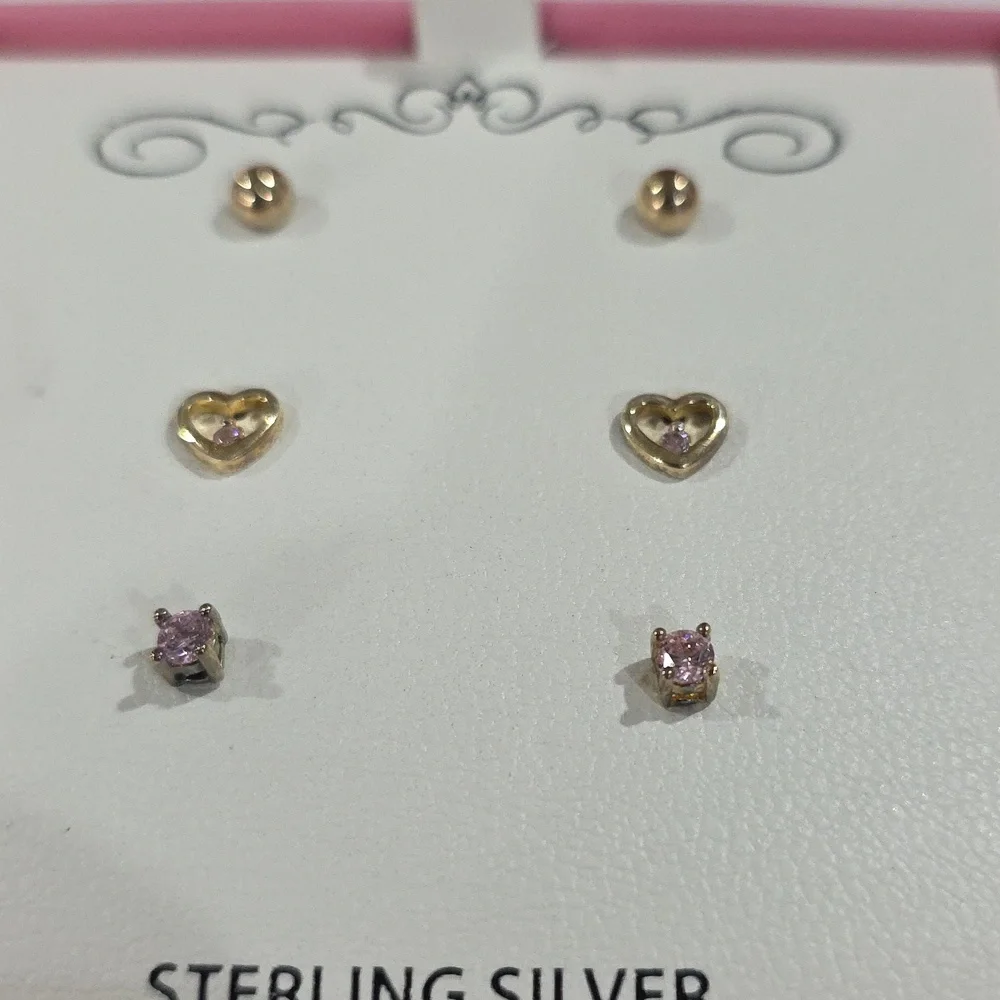 Trio: Gold Ball Studs, Heart-Shaped Pink Crystal Earrings, and Lavender Gemstone